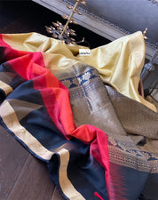 Pure Silk Kanjivaram - Ochre Golden Yellow Red Black