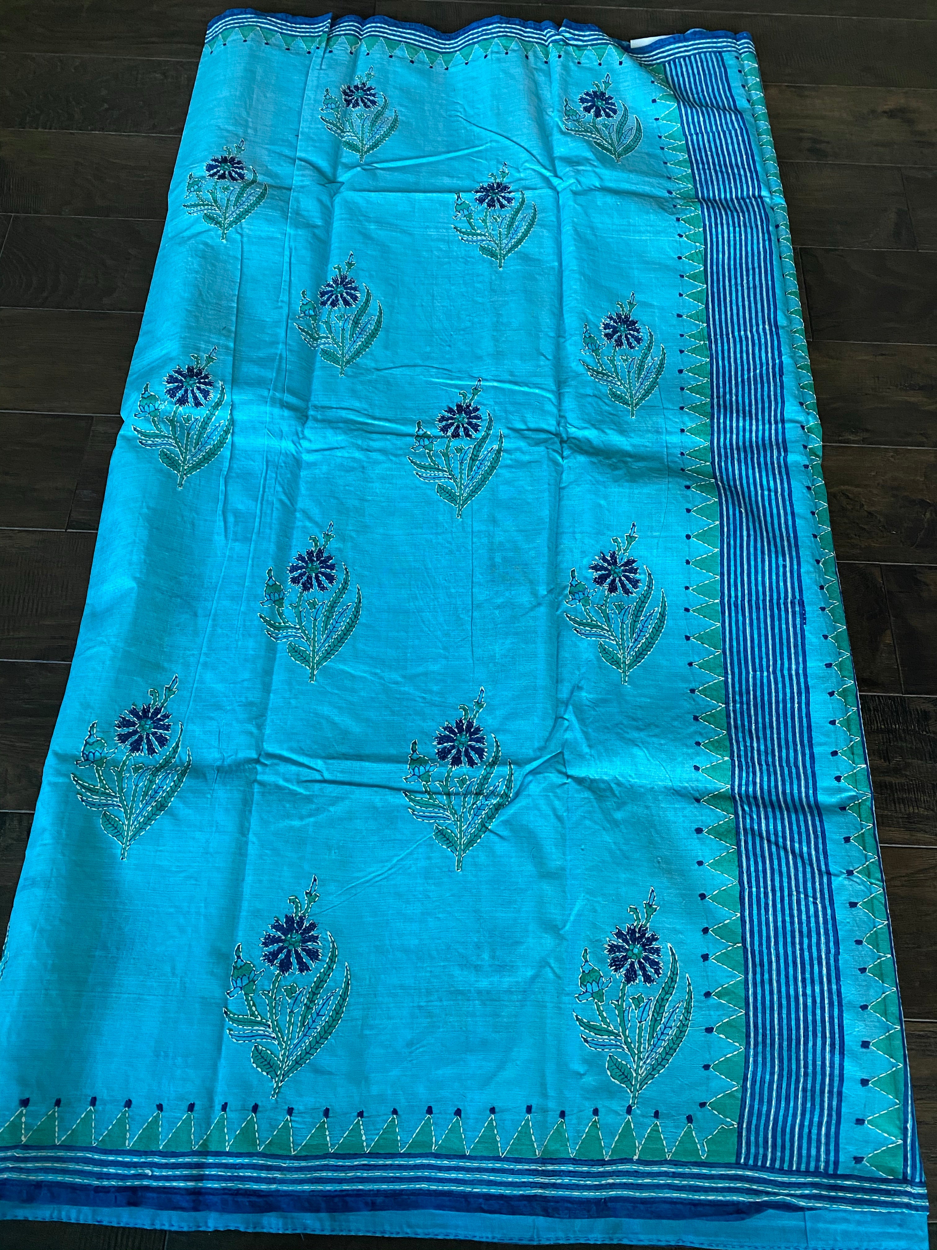 Tussar Silk Kantha Stitch -  Firozi