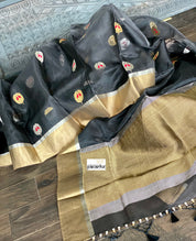 Pure Chanderi Katan Silk - Black Meenakari