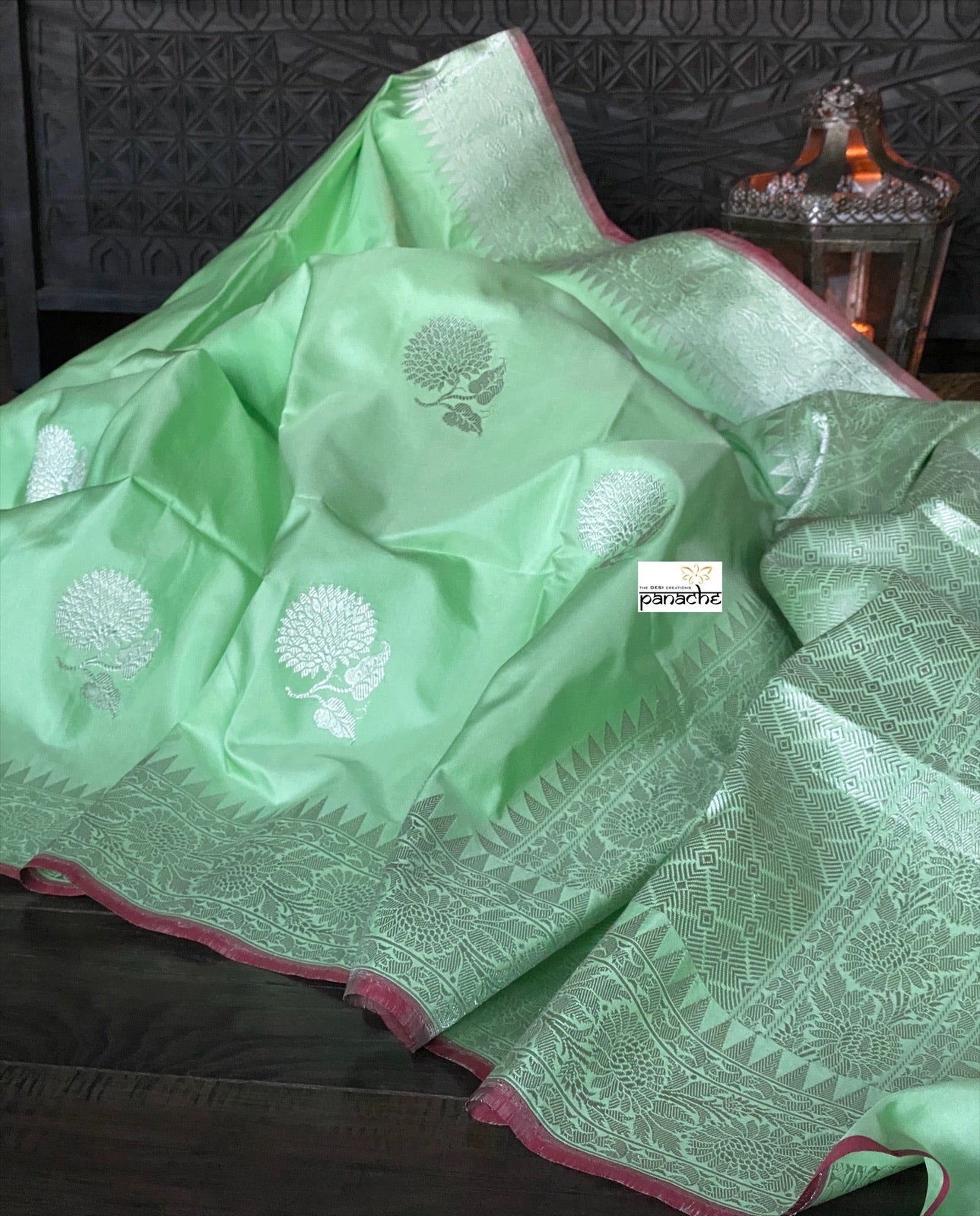 Katan Silk Banarasi - Mint Green Khadwa Silver Zari Woven