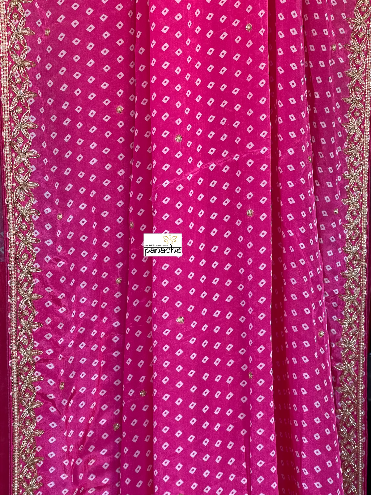 Designer Satin Georgette - Pink Bandhej Print