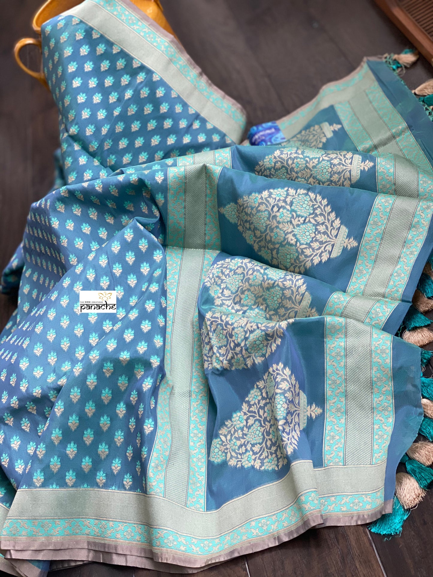 Silk Cotton Jamdaani Kora Banarasi - Blue Grey Resham Woven