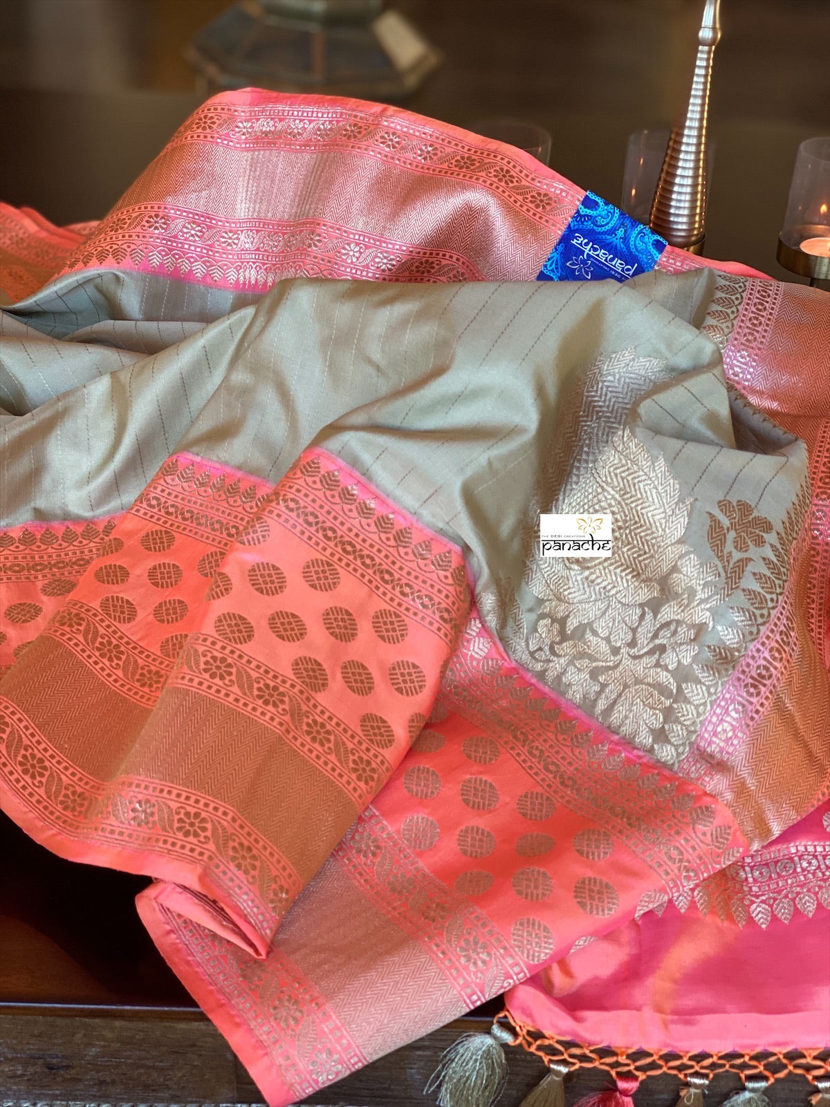 Katan Silk Banarasi - Gray Beige Pink
