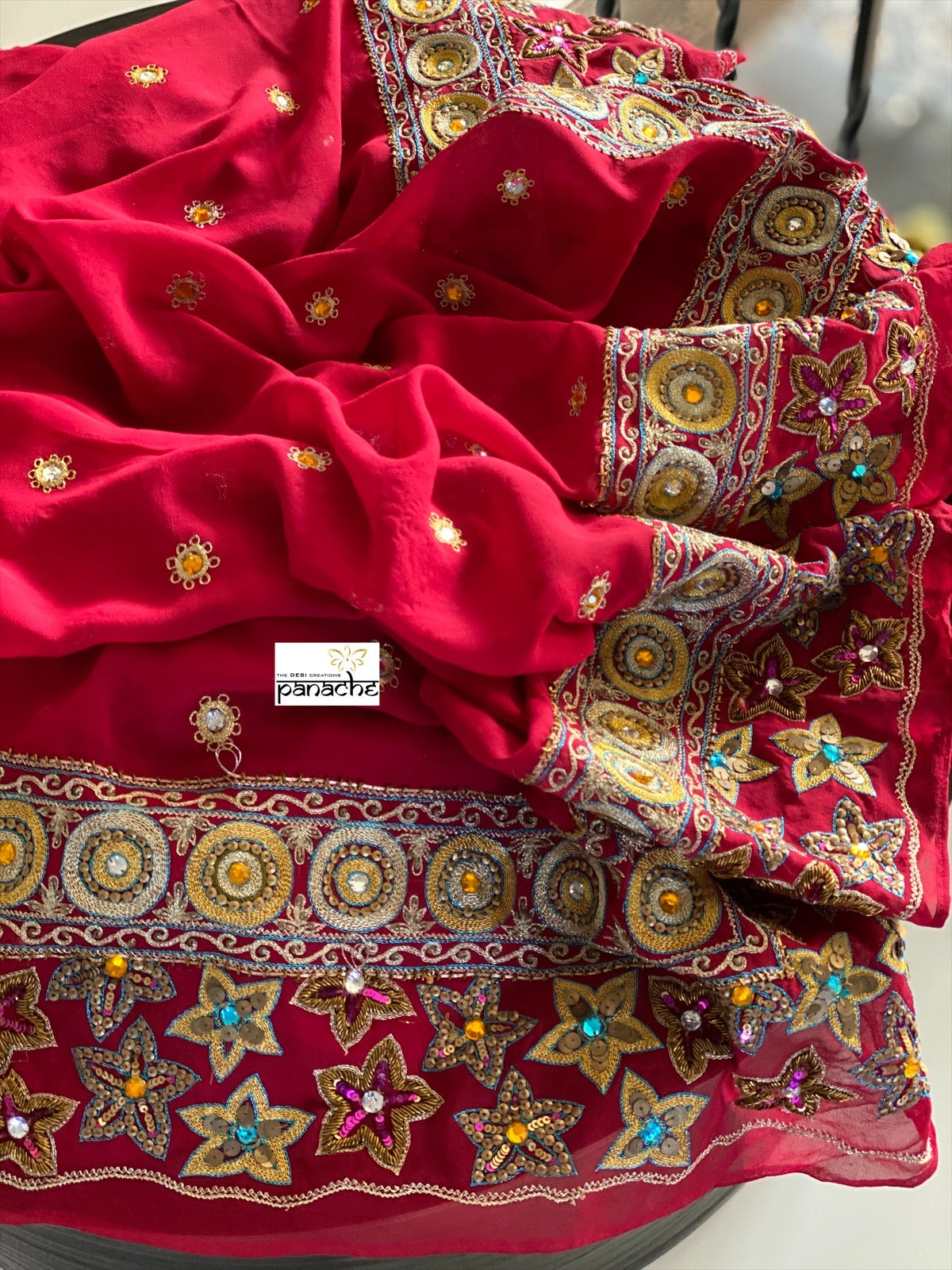 Designer Saree - Cherry Red Hand Embroidered