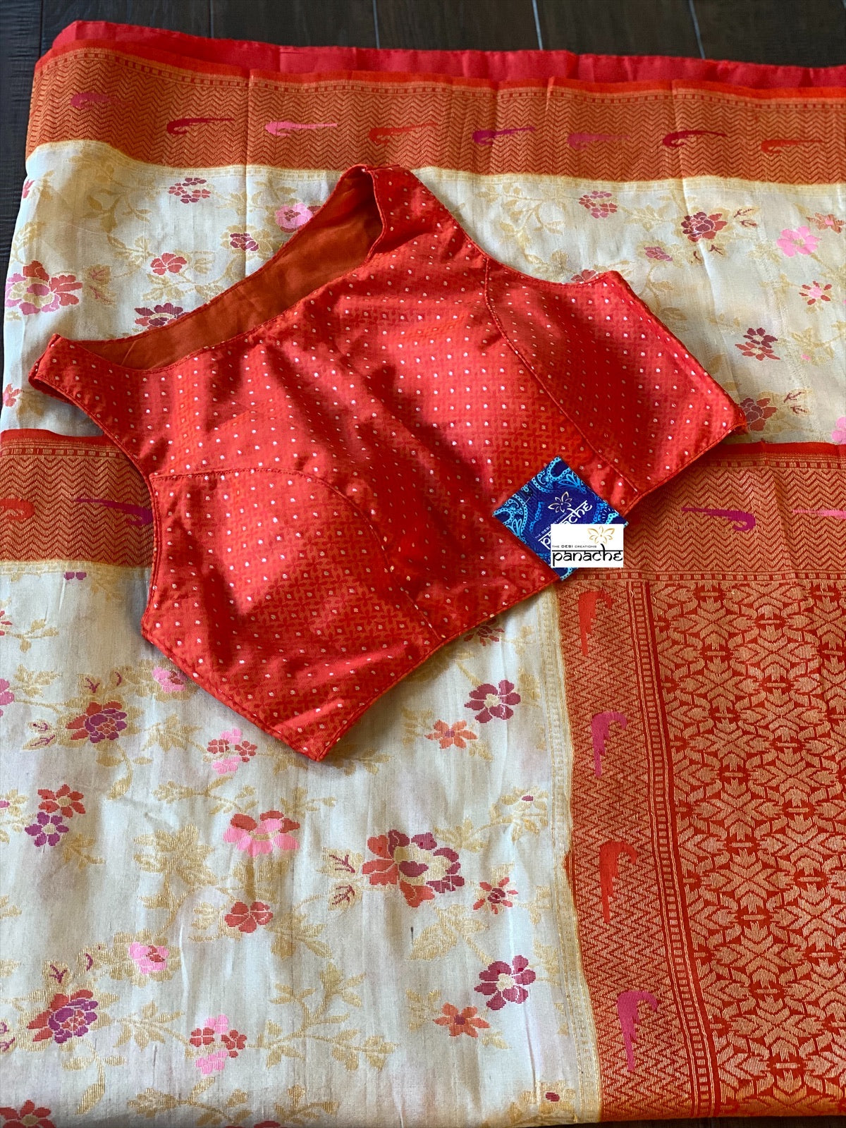 Khaddi Tussar Banarasi - Tilfi woven Beige Orange Multi Meenakari