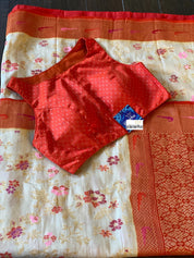 Khaddi Tussar Banarasi - Tilfi woven Beige Orange Multi Meenakari