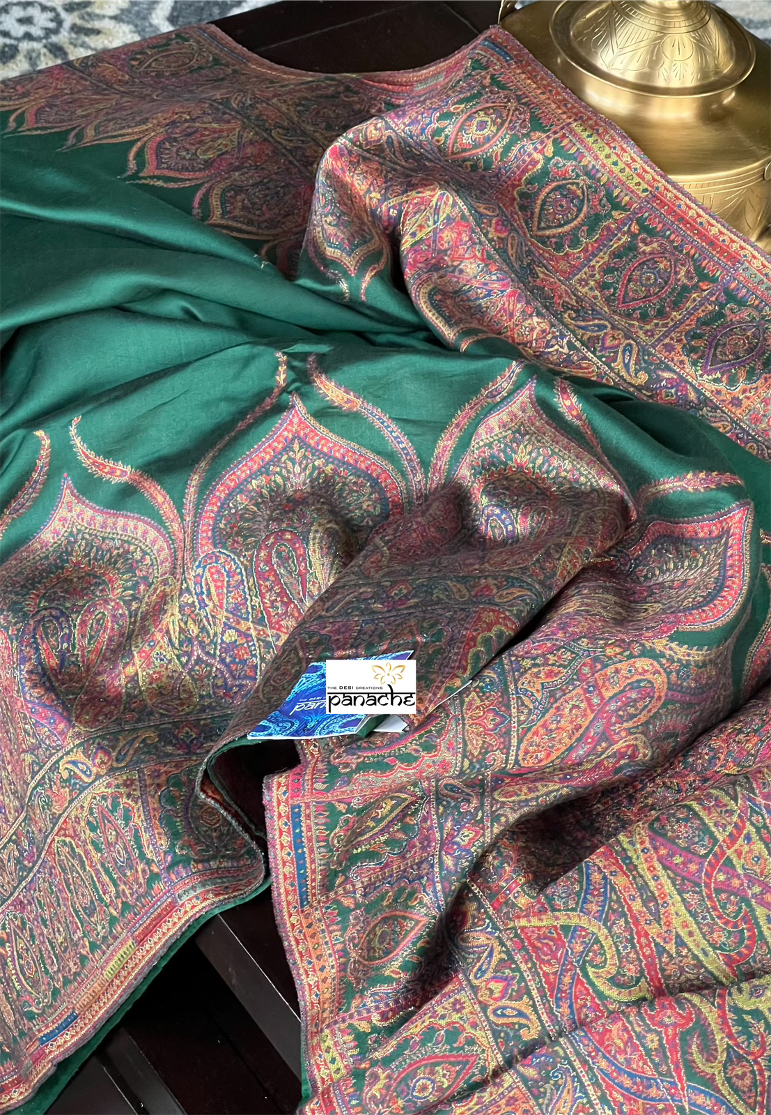 Muga Silk Pashmina Banarasi - Bottle Green Antique Golden Zari