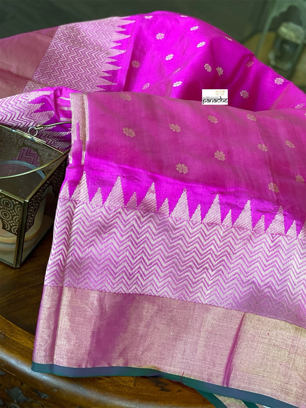 Pure Chanderi Pattu Silk - Magenta Pink Green Golden Silver Zari Woven