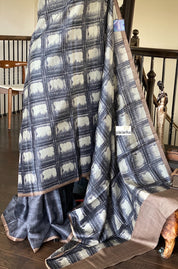 Pure Tussar Silk - Black Grey Printed