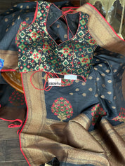 Tussar Silk Banarasi - Black Red Meenakari