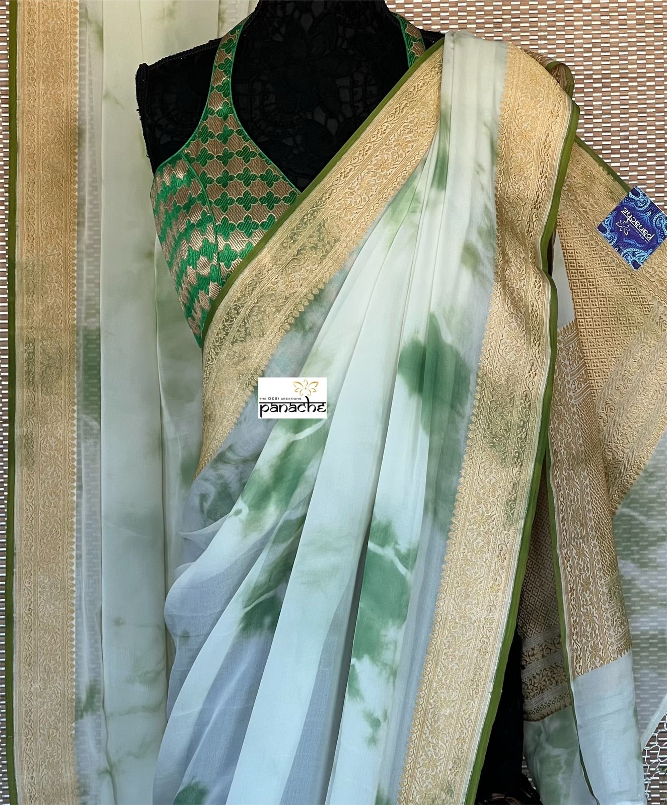 Khaddi Georgette Banarasi - Off-White Green Tie-dye Khadhua Woven