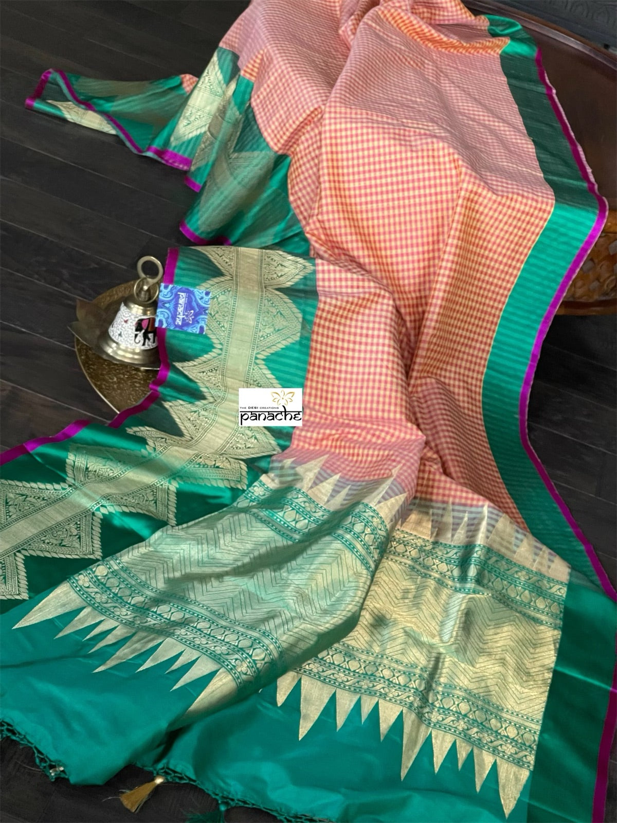 Pure Silk Katan Banarasi - Yellow Sea Green Checkered