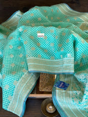 Silk Cotton Jamdaani Kora Banarasi - Sea Green Zari woven