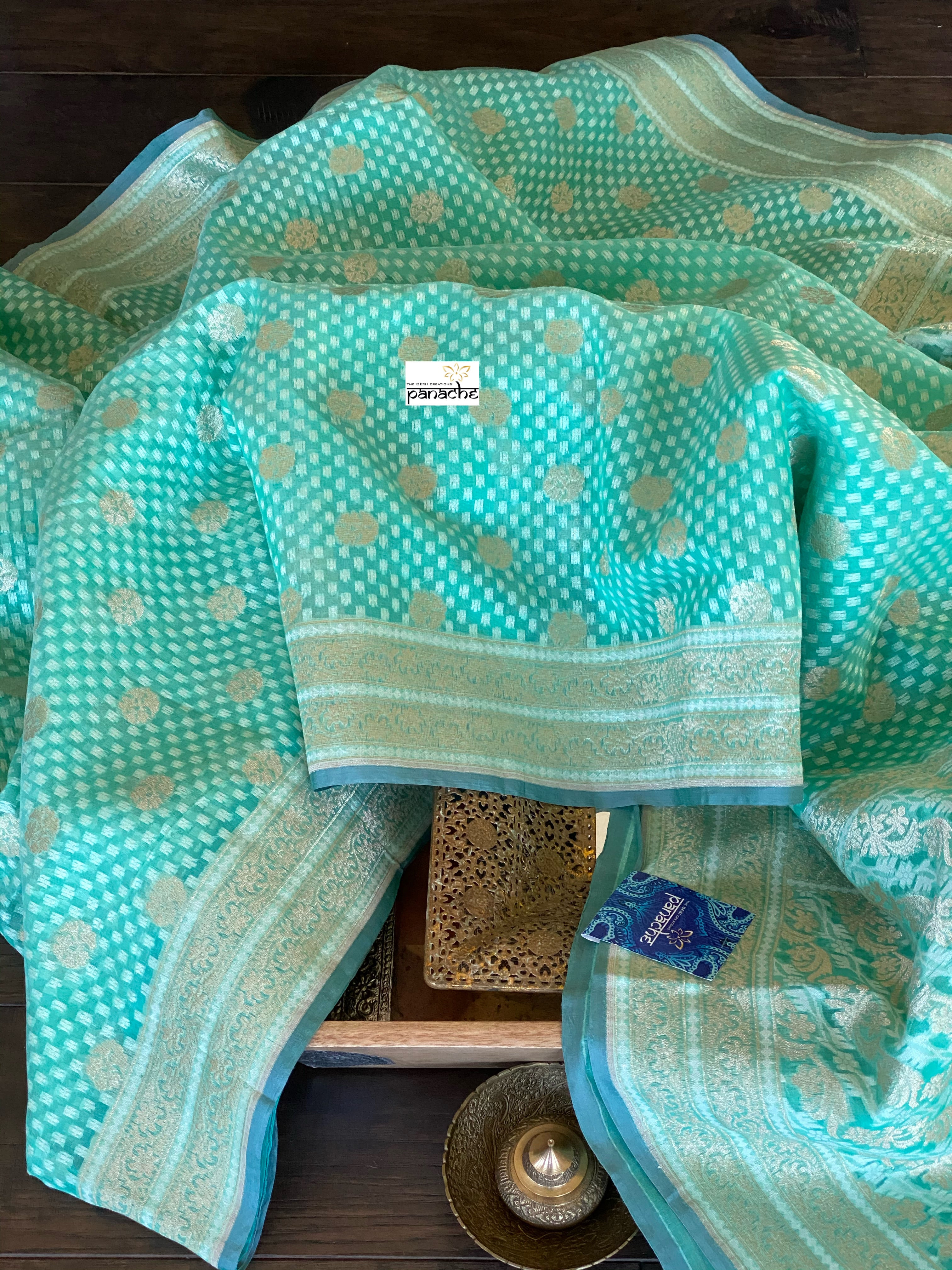 Silk Cotton Jamdaani Kora Banarasi - Sea Green Zari woven
