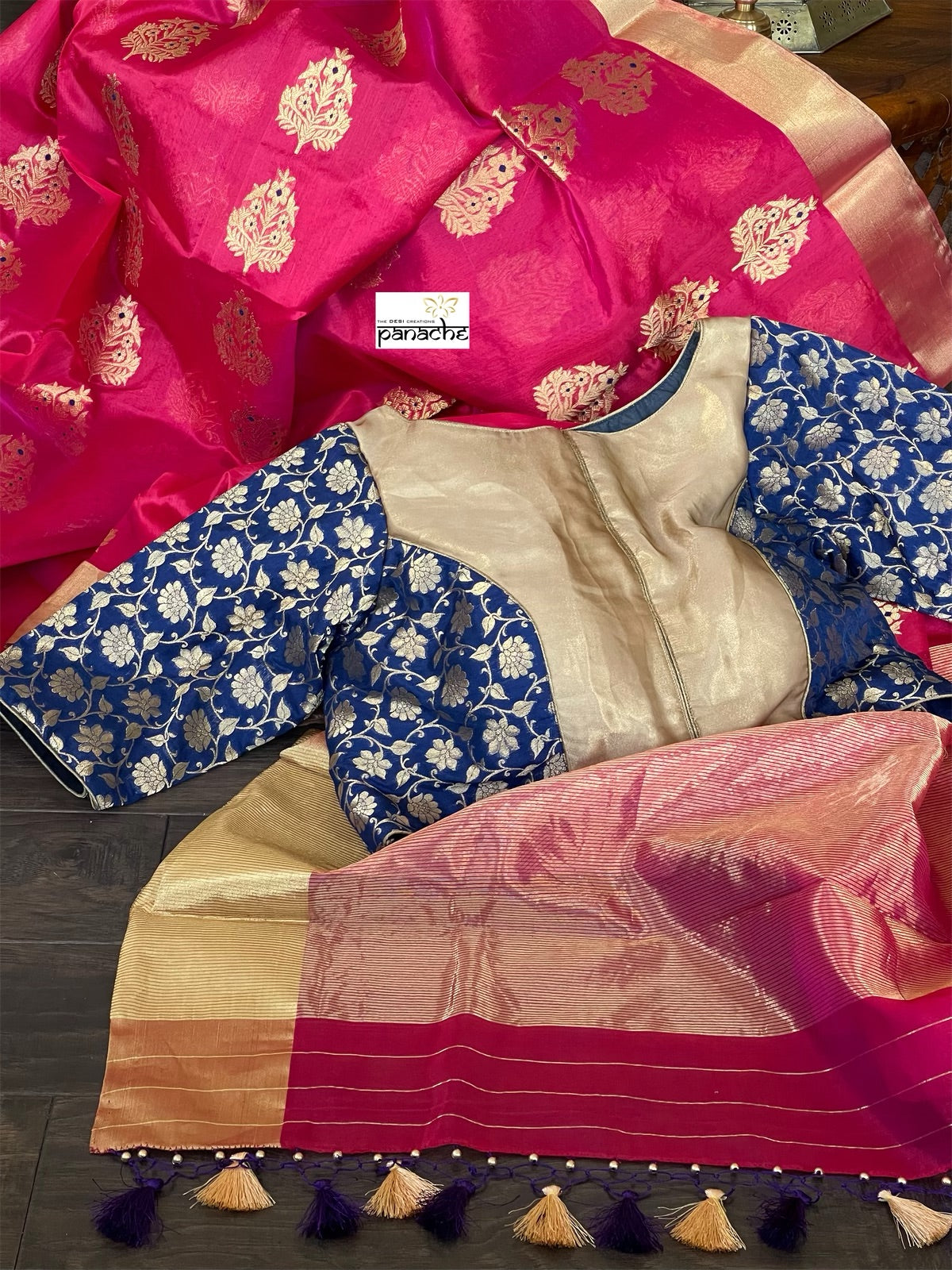 Pure Chanderi Pattu Silk - Magenta Pink Blue Iknaliya woven