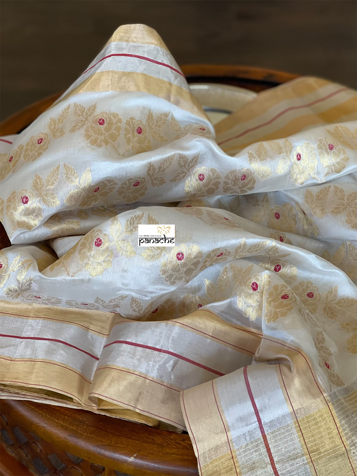 Pure Chanderi Pattu Silk - Off white Red Meenakari