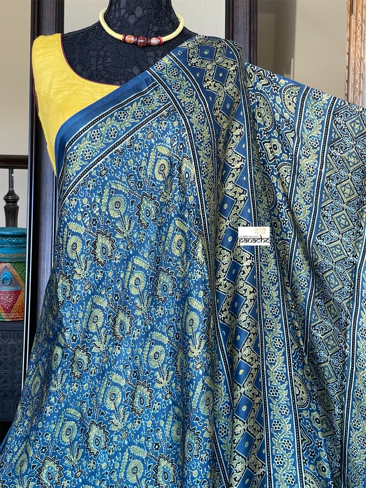 Silk Ajrakh - Persian Blue Ochre Yellow