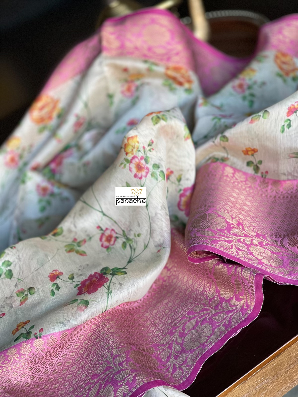 Floral Linen Silk Banarasi - Beige Pink