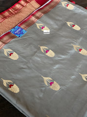 Katan Silk Banarasi - Grey Red Meenakari
