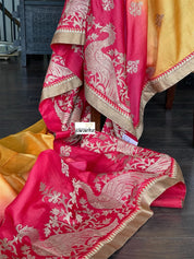 Designer Tussar Silk - Golden Yellow Raspberry Red