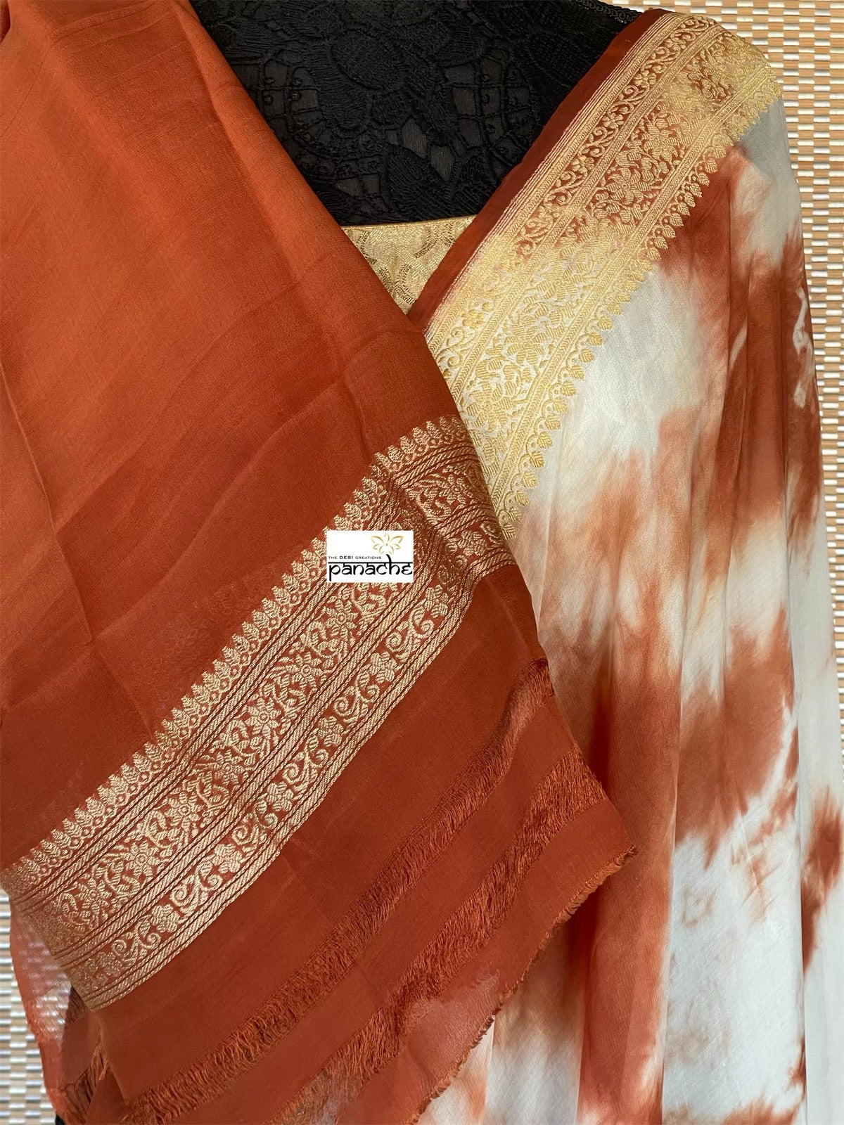 Khaddi Georgette Banarasi - Off-White Rust Brwon Tie-dye Khadhua Woven