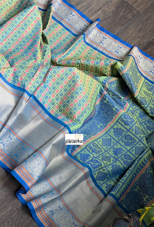 Pure Kanchi Cotton Handloom - Green Blue Dual Shaded