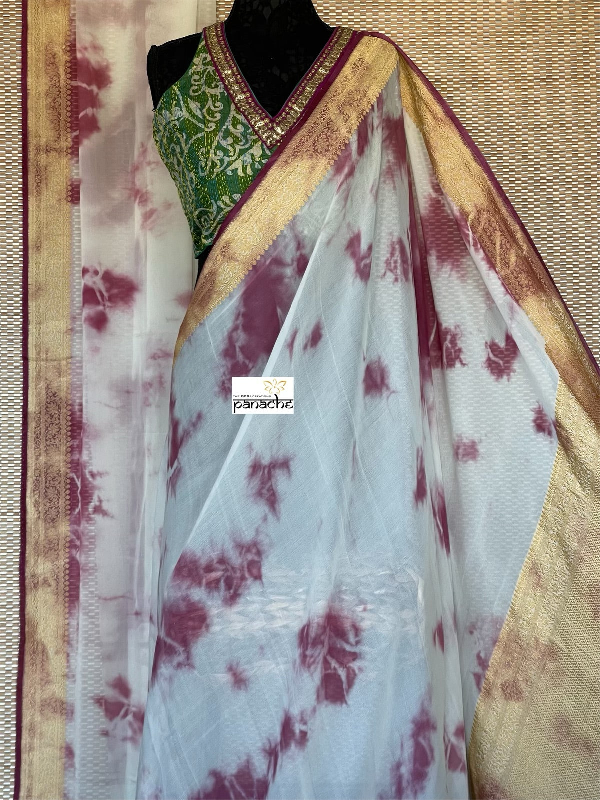 Khaddi Georgette Banarasi - Off-White Wine Purple Tie-dye Khadhua Woven