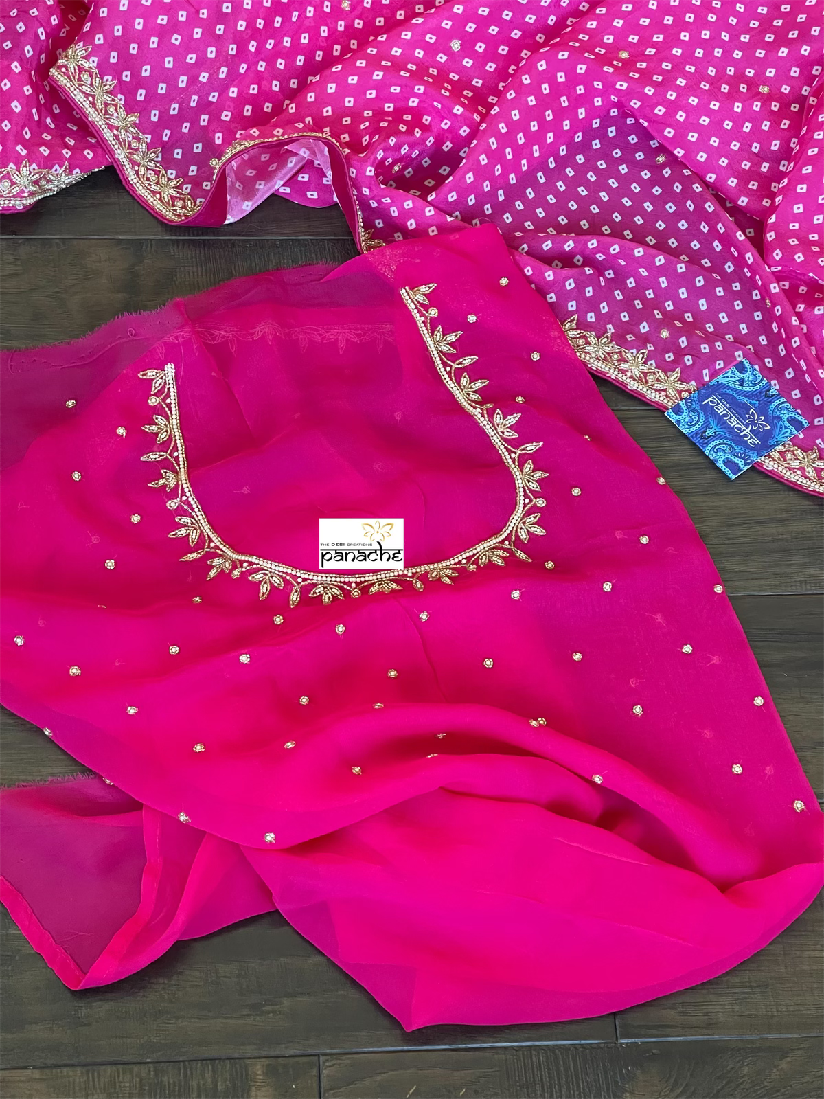 Designer Satin Georgette - Pink Bandhej Print