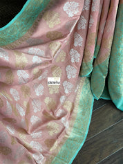 Tussar Georgette Banarasi- Peach Pink Sea Green
