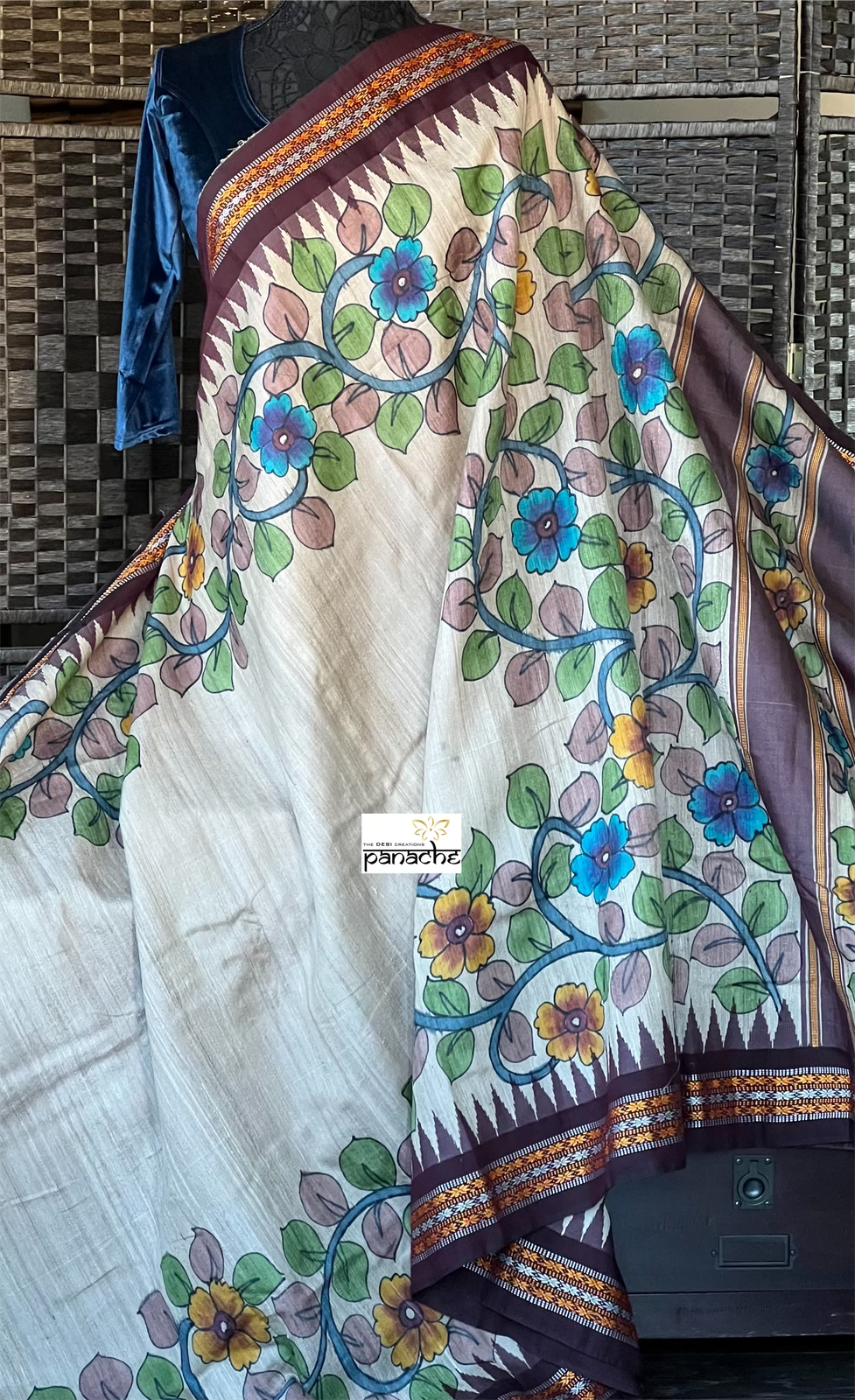 Pen Kalamkari Tussar Silk - Beige Brown