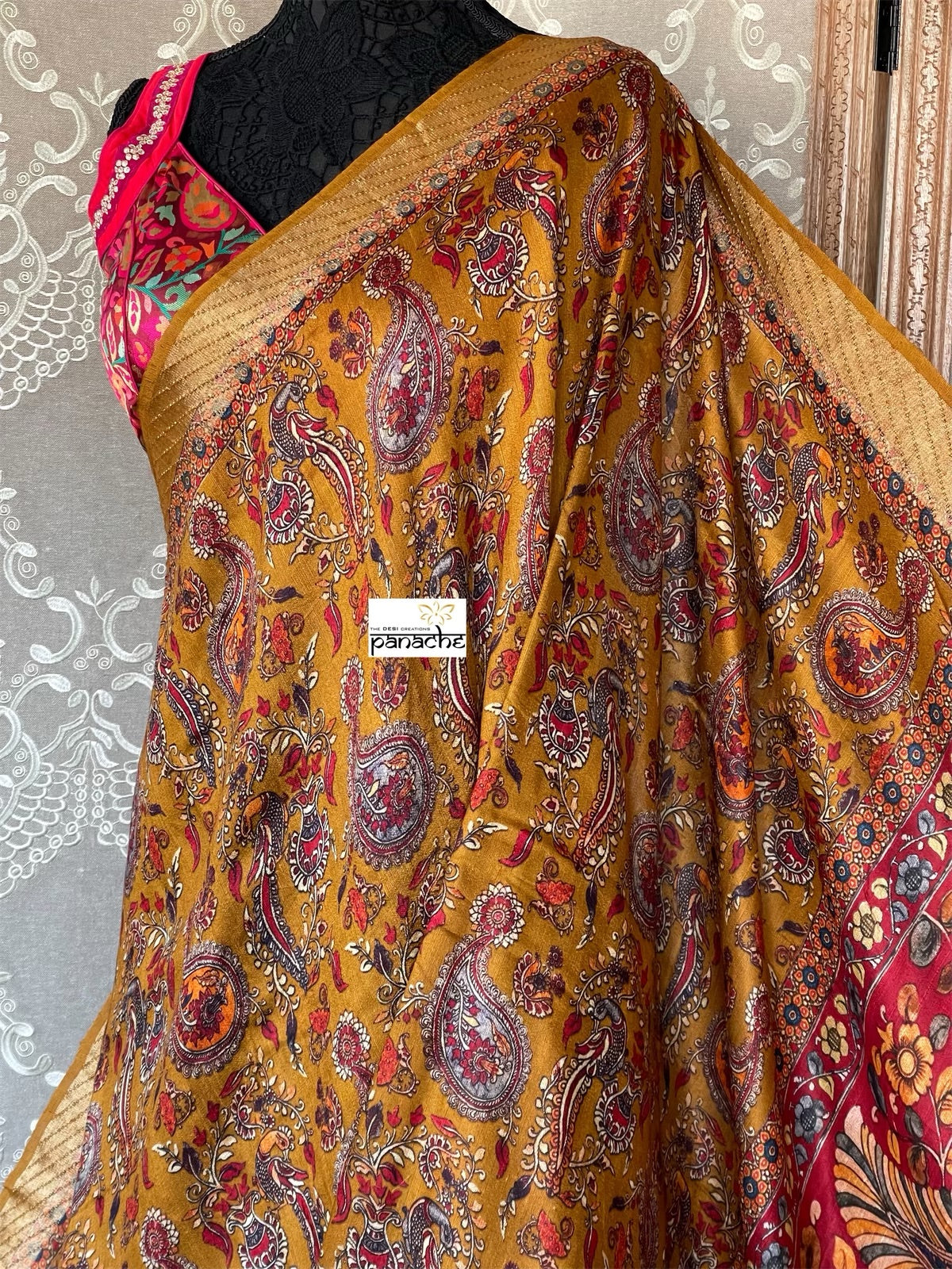 Tussar Gicha Silk - Ochre Yellow Brown  Kalamkari Printed