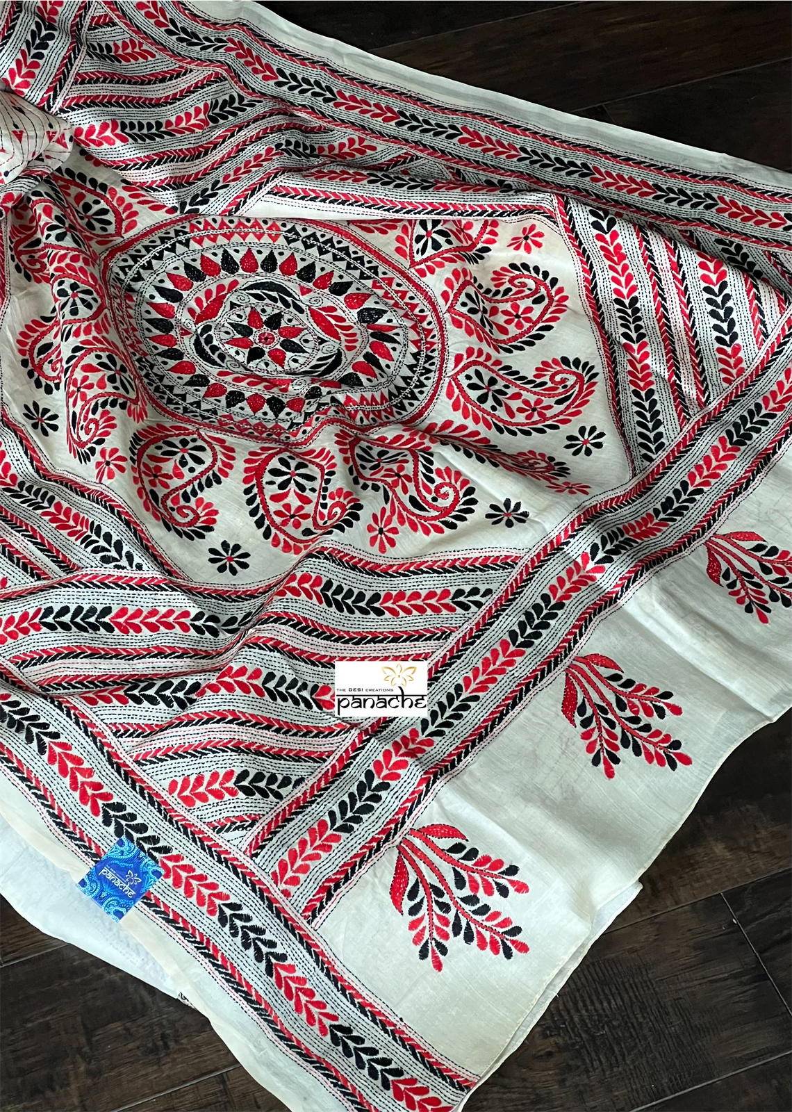 Pure Tussar Silk Kantha Stitch -  Beige Red Black