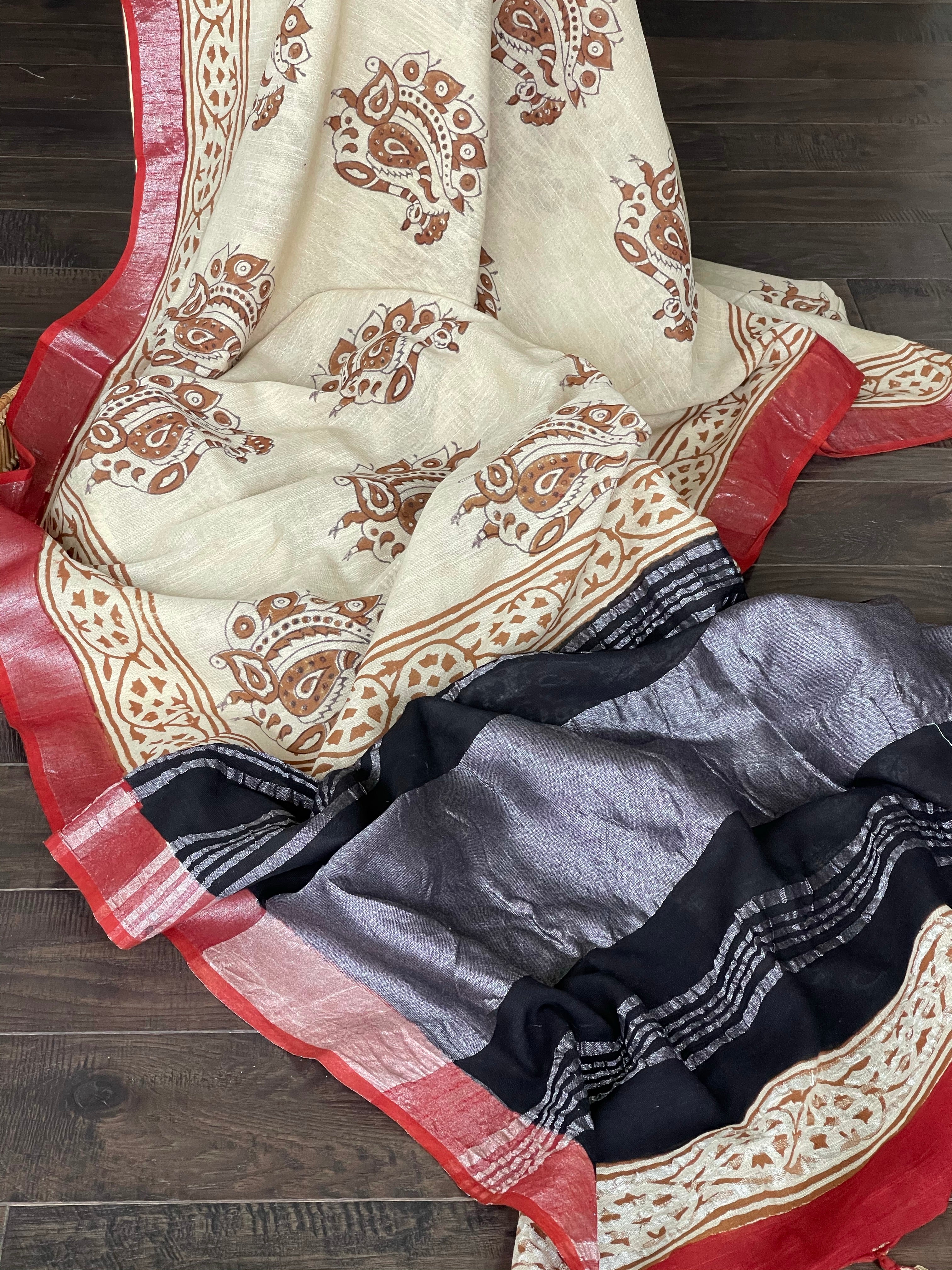 Linen Printed - Cream Beige Black