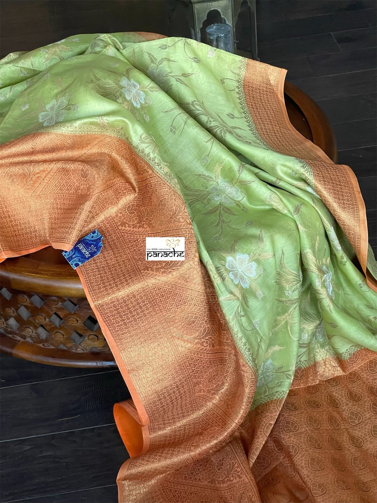 Mulmul Tissue Cotton Banarasi - Pista Green Orange Golden Zari