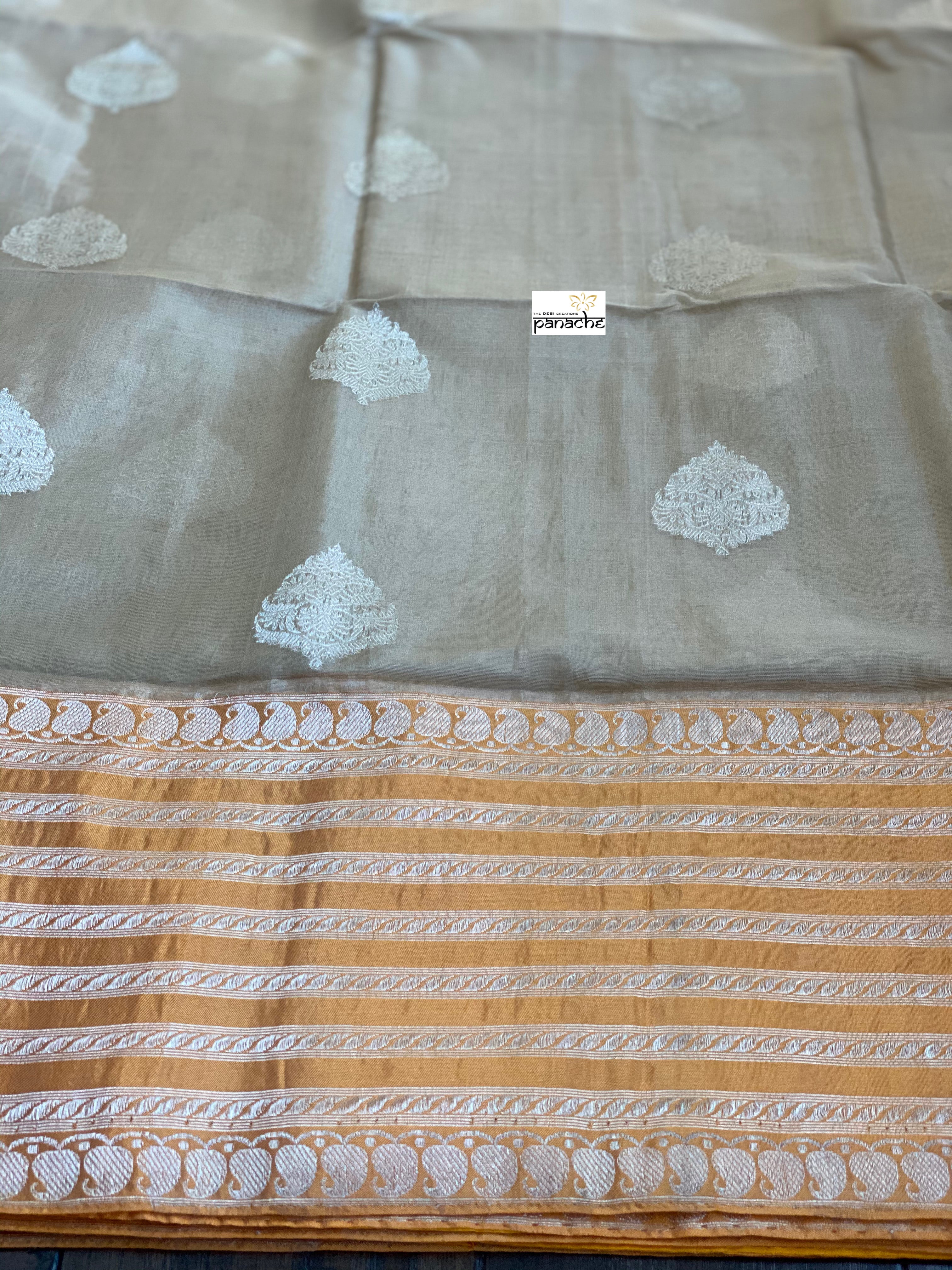 Organza Silk Banarasi - Tan Beige Orange Kadwa Motifs