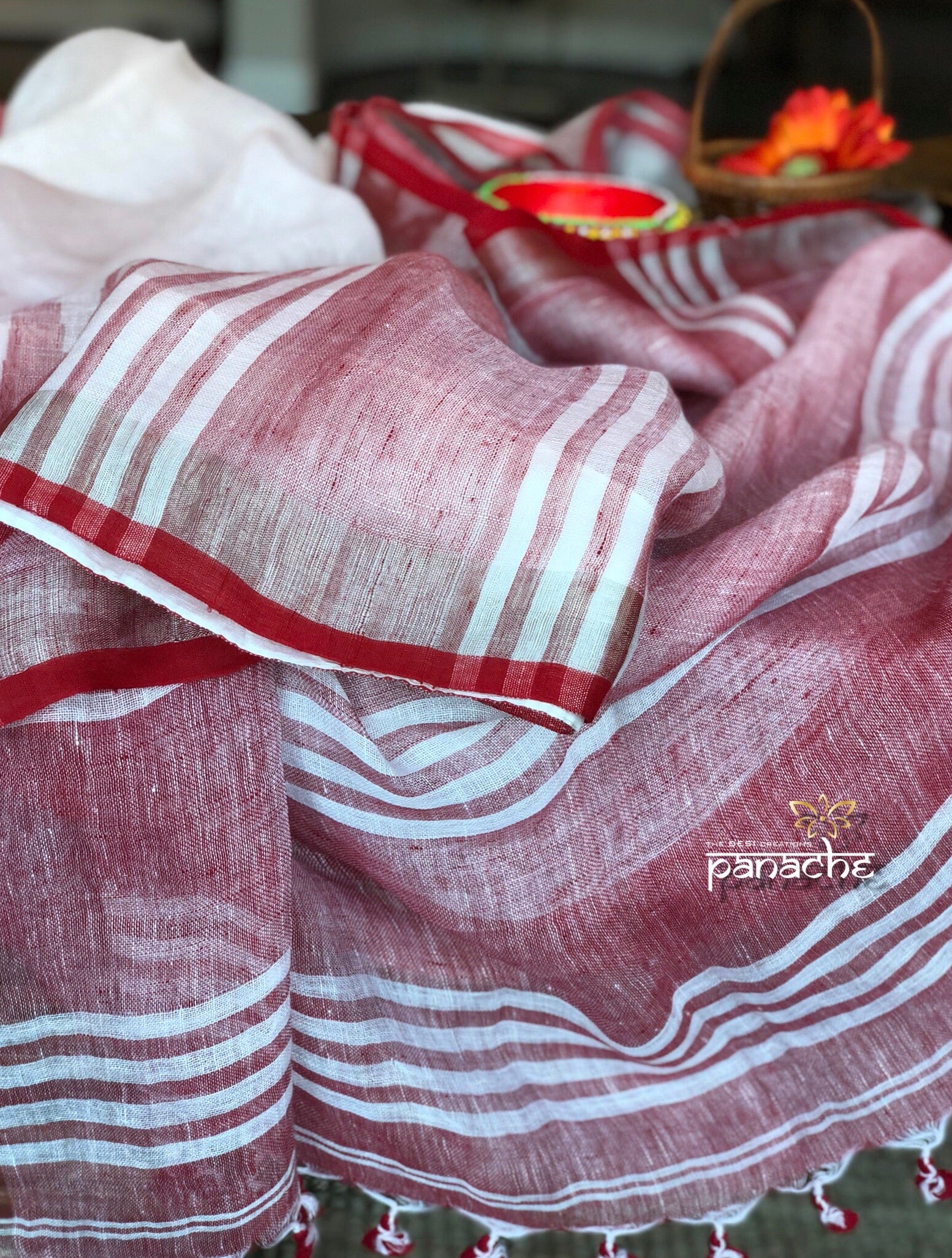 Pure Linen Handloom - White Red Temple