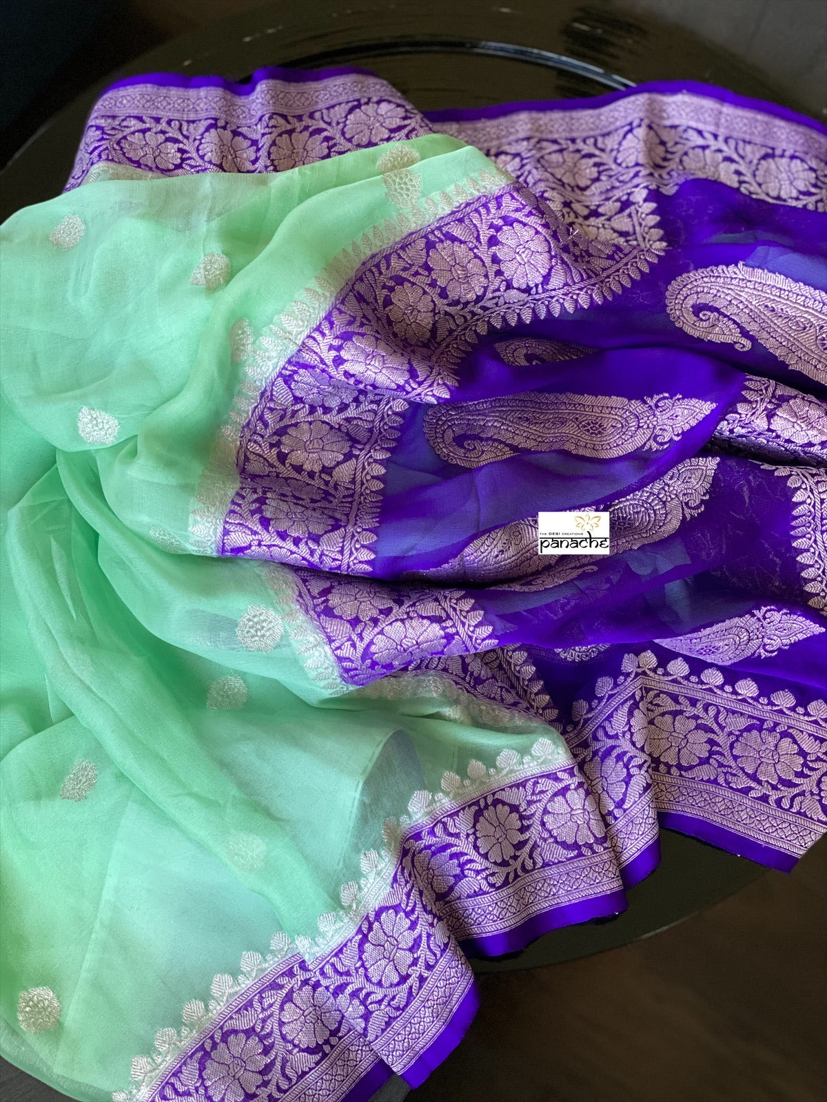 Chiffon Georgette Silk Banarasi - Mint Green Purple Silver Zari