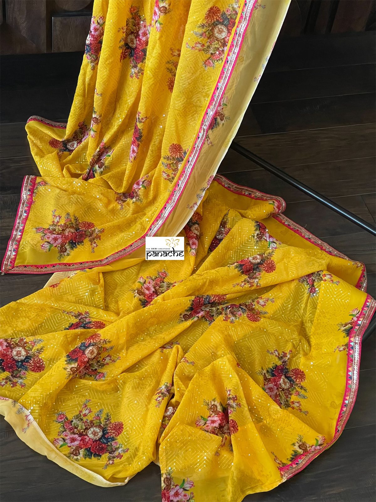 Designer Crepe Georgette Sequin Floral  - Yellow Red Pink