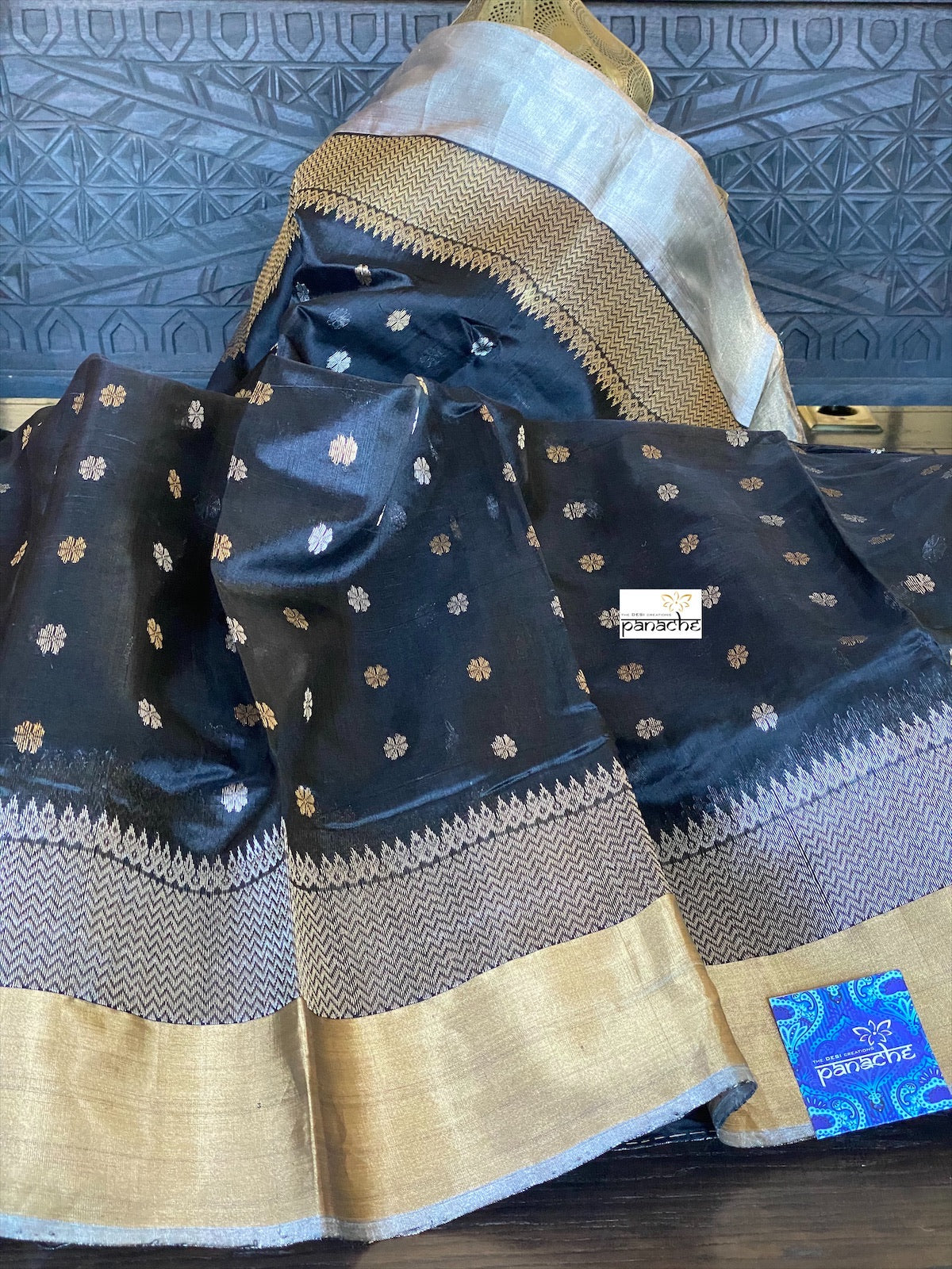 Pure Chanderi Silk -  Black Golden Silver Zari Woven