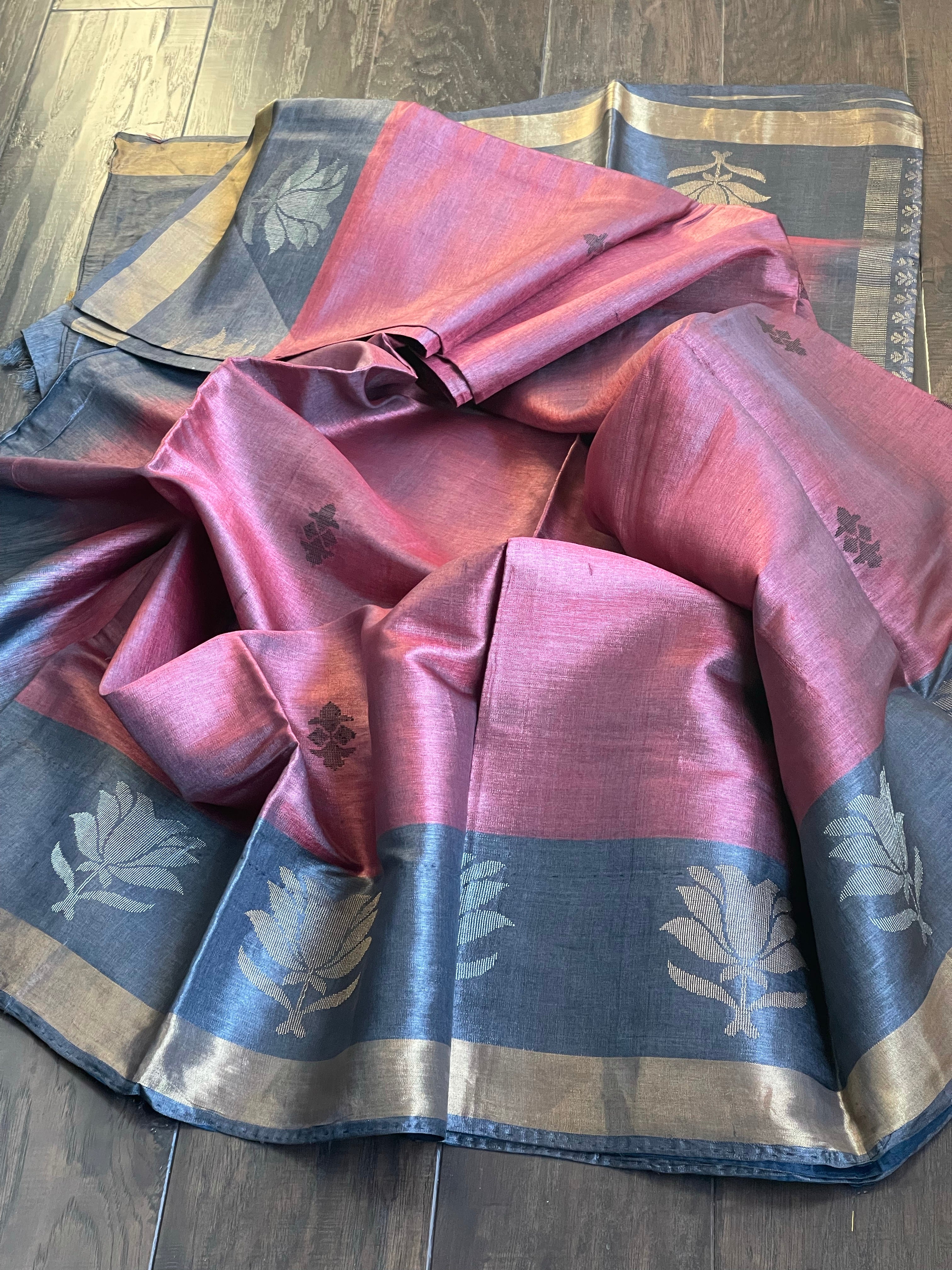 Pure Tussar Silk Woven - Maroon Charcoal Grey
