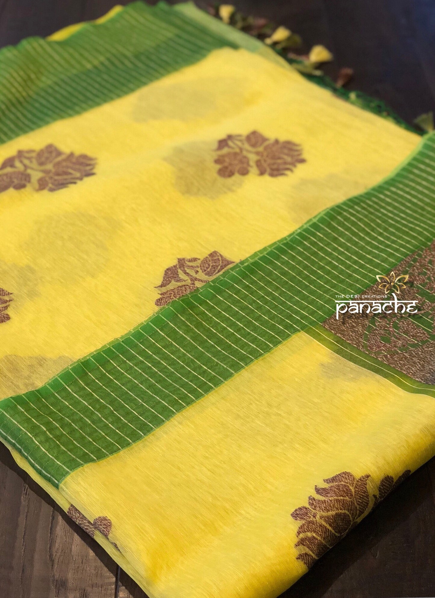 Linen Silk Banarasi - Yellow Green Antique Lotus