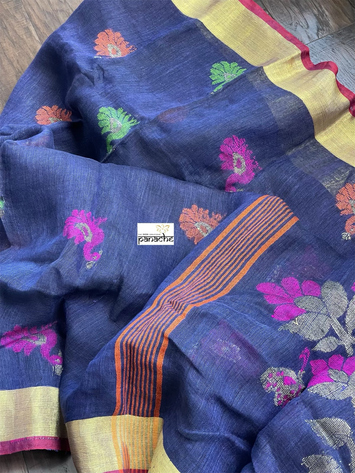 Handloom Banarasi Linen -  Navy Blue Zari woven