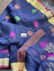 Handloom Banarasi Linen -  Navy Blue Zari woven