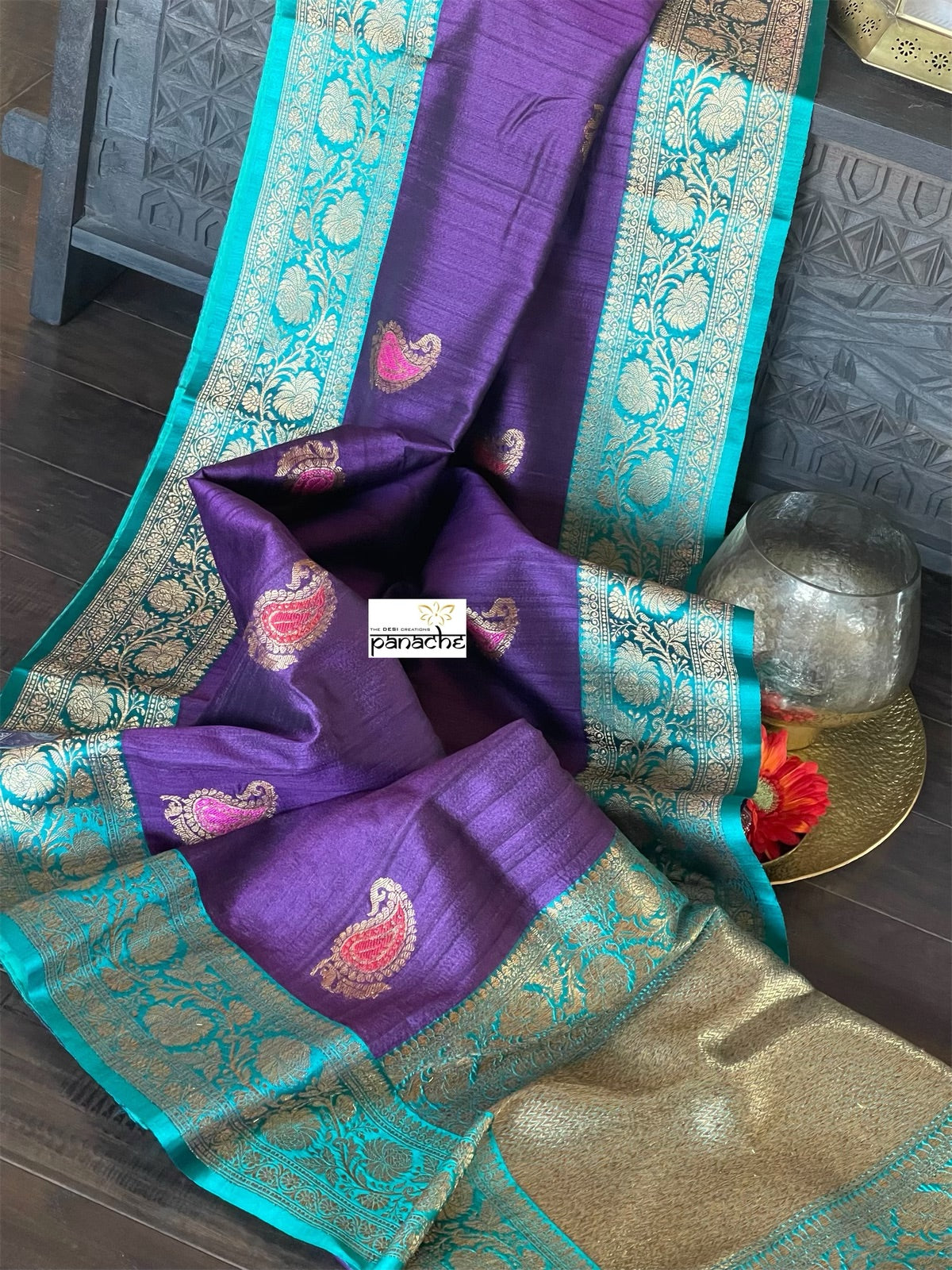 Tussar Silk Banarasi - Purple Firozi Meenakari