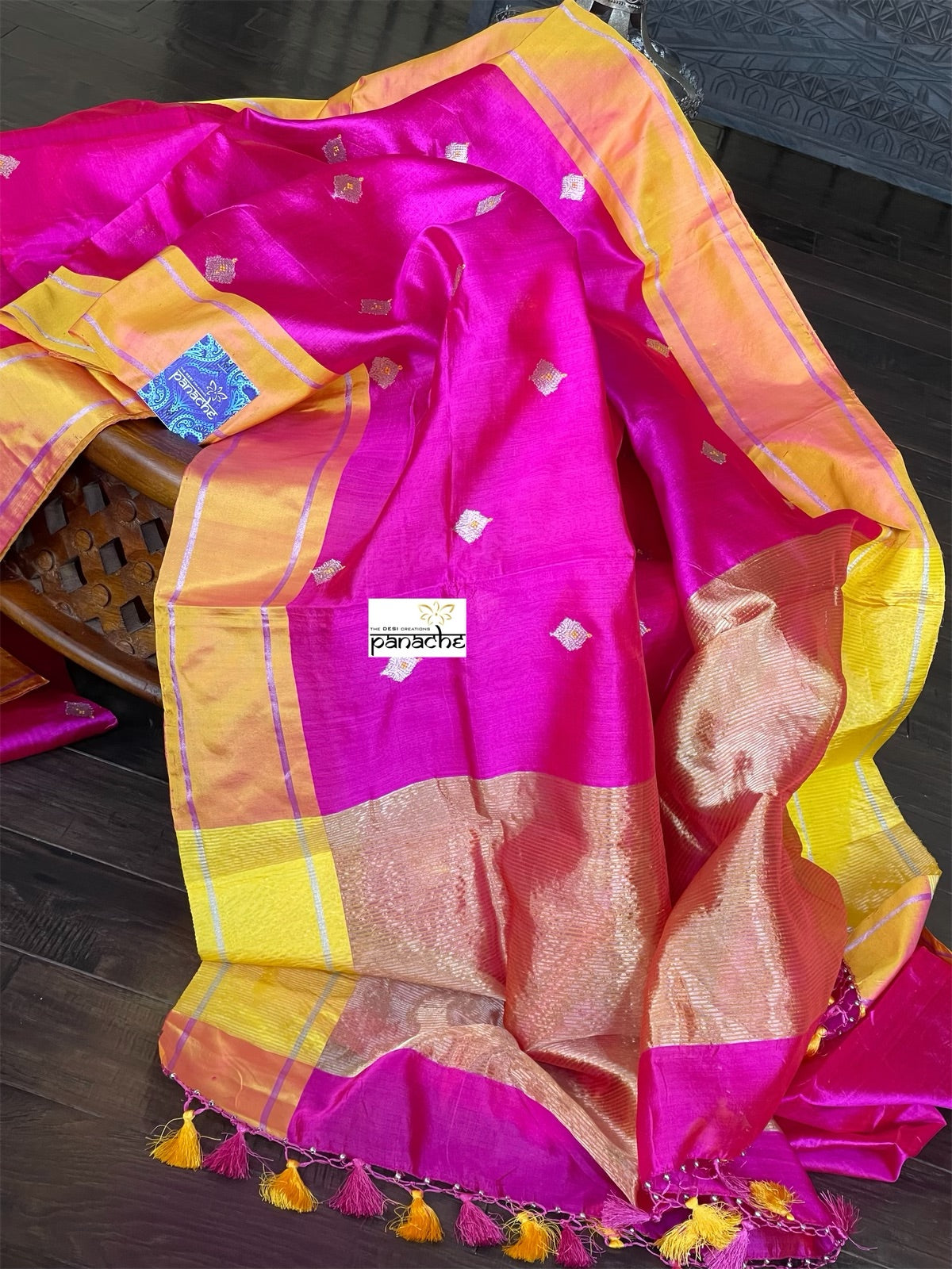 Pure Chanderi Pattu Silk - Magenta Pink Yellow Dual Shaded