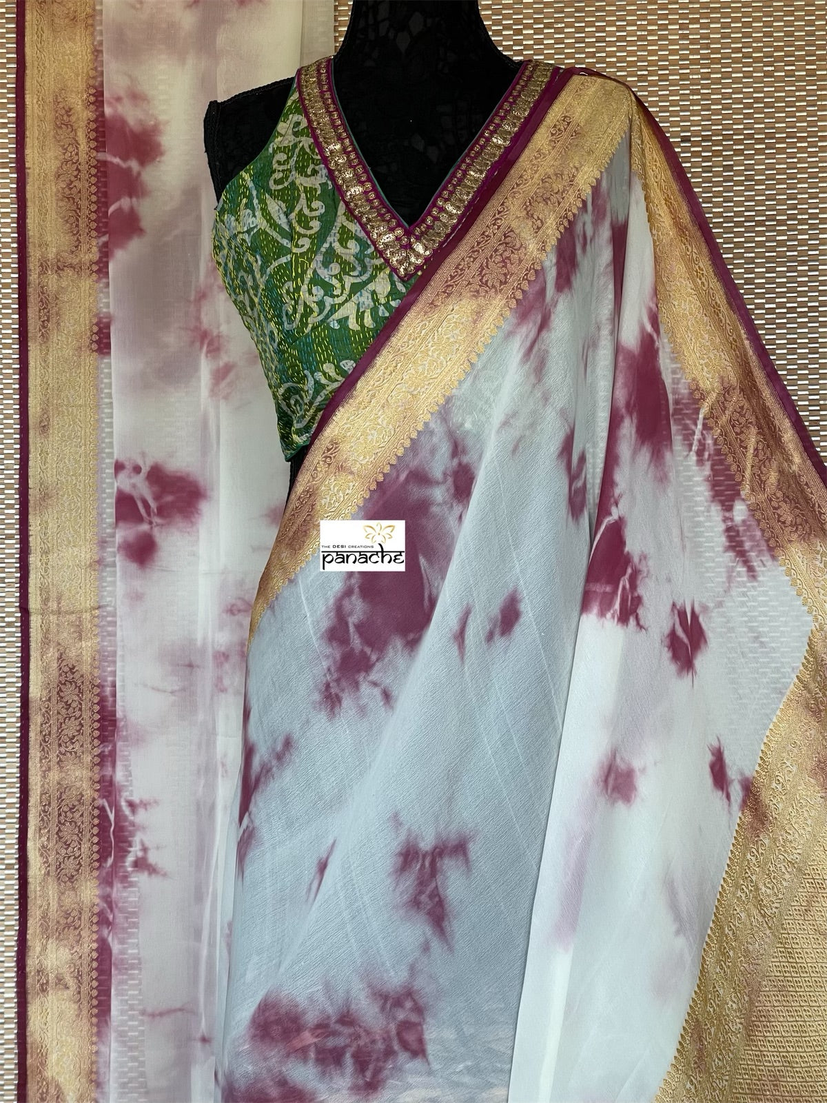 Khaddi Georgette Banarasi - Off-White Wine Purple Tie-dye Khadhua Woven