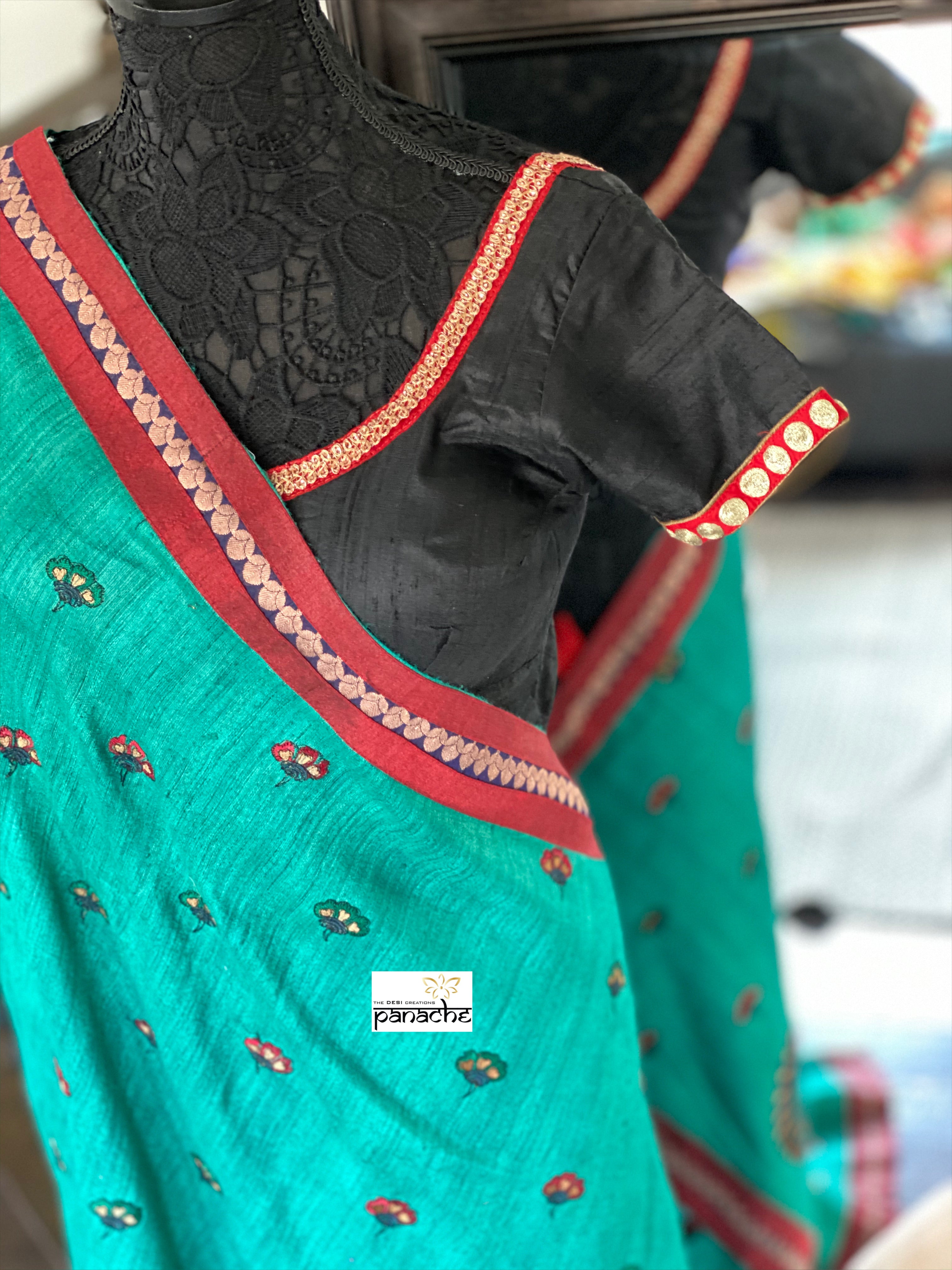 Designer Tussar Gicha Silk - Teal Green Peacock embroidered