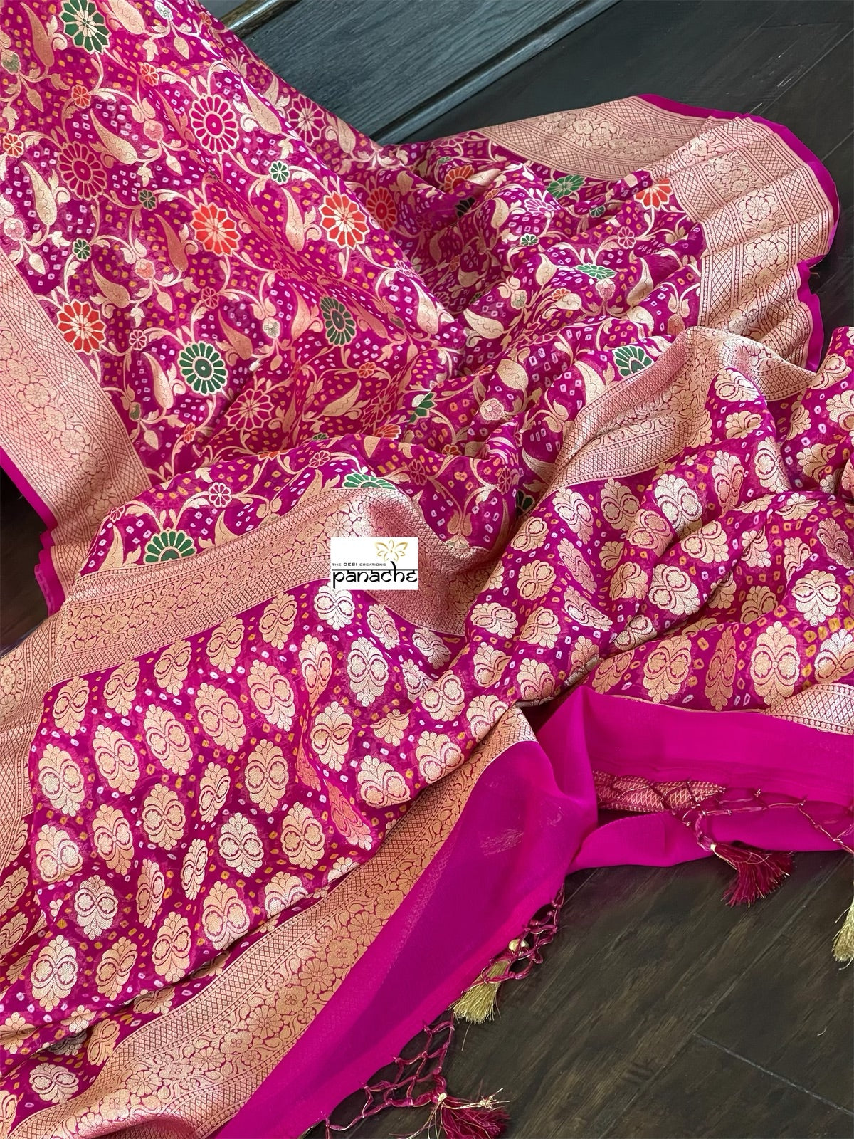 Bandhej Khaddi Georgette Banarasi - Magenta Pink