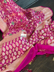 Bandhej Khaddi Georgette Banarasi - Magenta Pink