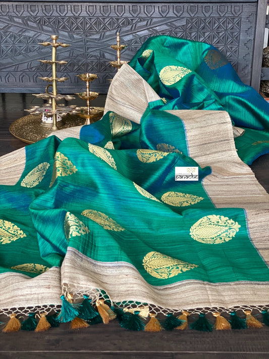 Tussar Silk Banarasi - Shot Rama Green Gicha
